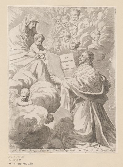 Armand-Jean du Plessis, hertugen av Richelieu, presenterer en bok til Mary with Child Tittelside for: Armand-Jean du Plessis hertug av Richelieu, Traité de la perfection du chrétien av Claude Mellan