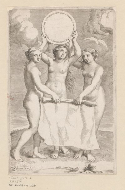 Three Graces med en medaljong Tittelside for: Balthazar de Vias, Charitum libri tres, 1660 av Claude Mellan