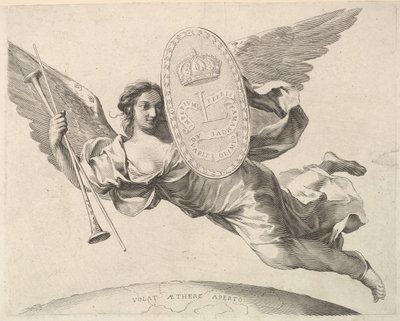 Berømmelse som bærer et skjold med initialen til Louis XIV La Renommée volant. av Claude Mellan