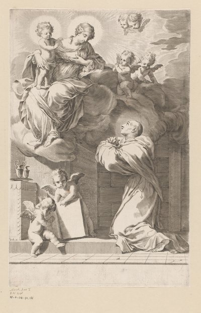 H. Bernard kneler foran en åpenbaring av jomfruen og barnet Tittelside for: Saint Bernardus, Divi Bernardi Abbatis (...), 1640 av Claude Mellan
