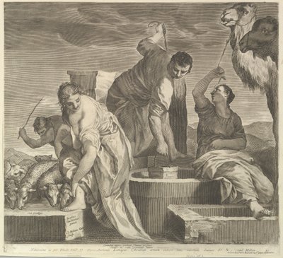 Jacob trekker vann til Rachels dyr Jacob vanner Rachels flokk. av Claude Mellan