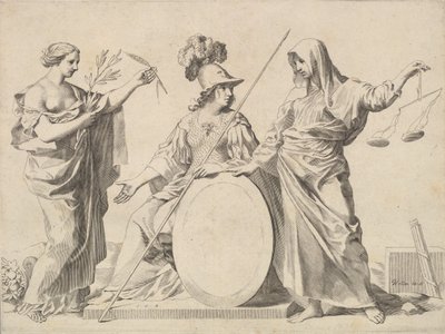 Minerva flankert av fred og rettferdighet Armoires de Gallard et de Mesmes. av Claude Mellan
