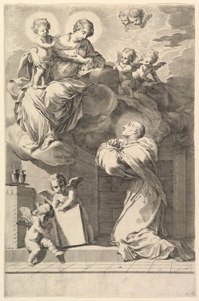 Saint Bernard knelende foran jomfruen og barnet, 1640. av Claude Mellan