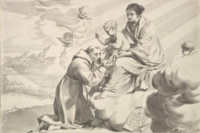 Den hellige Frans av Assisi tilber Kristusbarnet på jomfrufanget. av Claude Mellan