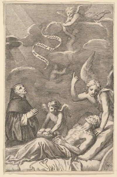 St. Nicolas ber for en døende mann. av Claude Mellan