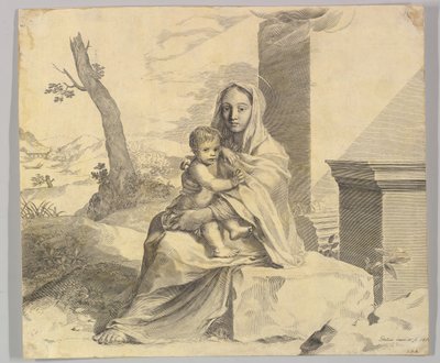 Jomfru og barn sitter på en stein Jomfru og barn i ruiner, 1659. av Claude Mellan