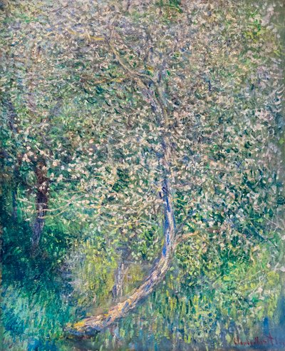 Epletrær i blomst ved vannkanten av Claude Monet