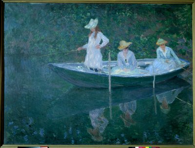 Båt i Giverny eller på norsk. Døtrene til Madame Hoschede, andre kone til kunstneren, Germaine, Suzanne og Blanche, ca. 1887. Maleri av Claude Monet (1840-1926), Olje på lerret (0,98 x1,31 cm). Musee d