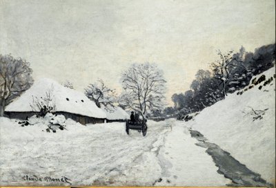 Vogn, vei under snø i Honfleur (Olje på lerret av Claude Monet