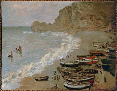 Etretat: Stranden og havnen i Amont (olje på lerret) av Claude Monet