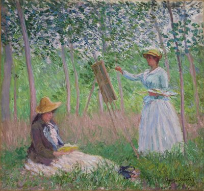 In the Woods at Giverny: Blanche Hoschede ved staffeli med Suzanne Hoschede-lesing, 1887 av Claude Monet