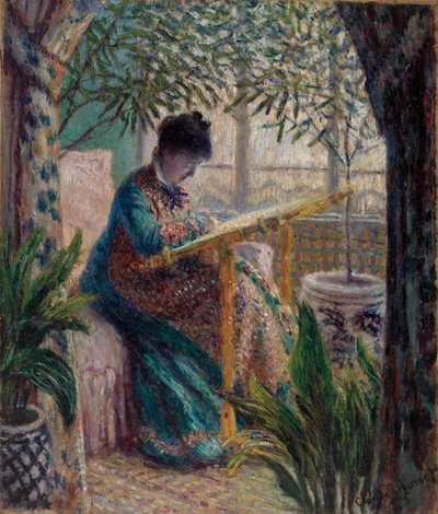 Madame Monet Brodering (Camille ved håndverket) av Claude Monet
