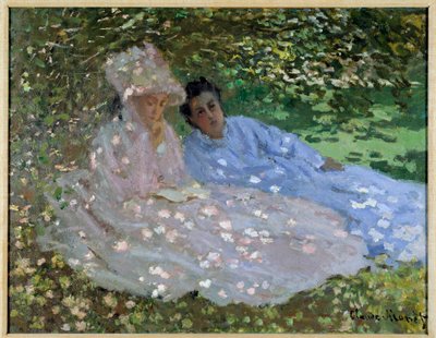 Mrs. Monet og en venn i hagen. To kvinner sitter i skyggen av et tre. Maleri av Claude Monet (1840-1926) av Claude Monet
