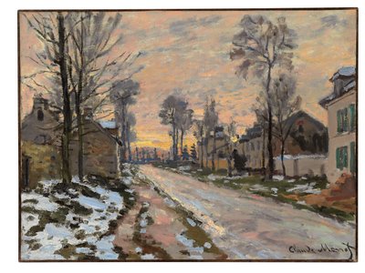 Veien til Louveciennes, snøsmelting, solnedgang, ca. 1869-70 av Claude Monet