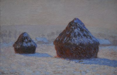 Wheatstacks, snøeffekt, morgen, 1891 av Claude Monet