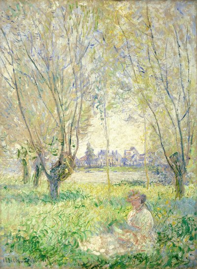 Kvinne sitter under pilene av Claude Monet