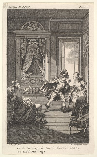En mann lener seg mot en kvinne som står i en døråpning til høyre, til venstre en sittende kvinne reiser..., ca. 1784. av Claude Nicolas Malapeau
