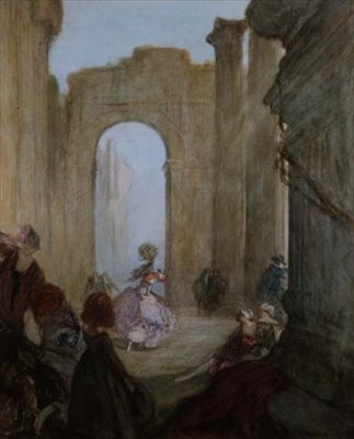 Jenter ser på en danser blant klassiske ruiner (farge litho) av Claude Shepperson