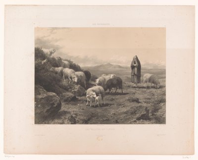 Gjeterinne med sauer på Cantal-sletten Les Vallées du Cantal (tittel på objekt) Beiter (serietittel) Les paturages (serietittel på objekt) av Claude Thielley
