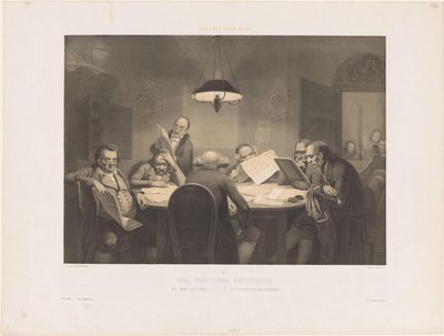 Leser menn rundt et bord Les profonds politiques / De dype politikere / Die vollendeten Staatsmanner (tittel på objekt) Humoristiske forestillinger (serietittel) Gallery pour rire (serietittel på objekt) av Claude Thielley