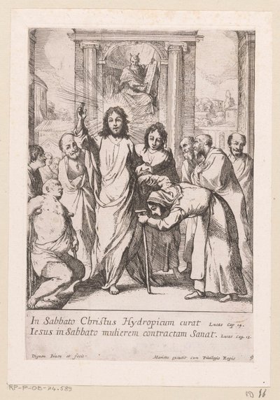 Helbredelse av den lamme mannen og den skjeve kvinnen på sabbaten Miracula Domini Nostri Jesu Christi (serietittel) Miracles of Christ (serietittel) av Claude Vignon