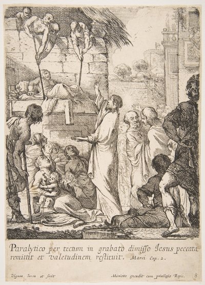 Å helbrede den lamme Jesus Kristus beviser ved å helbrede en lamme, at han har kraften til å... av Claude Vignon
