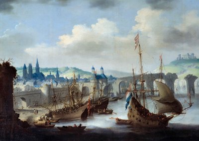 Utsikt over byen Rouen Skipene ligger fortøyd på bredden av Seinen. Maleri av Claude de Jongh av Claude de Jongh