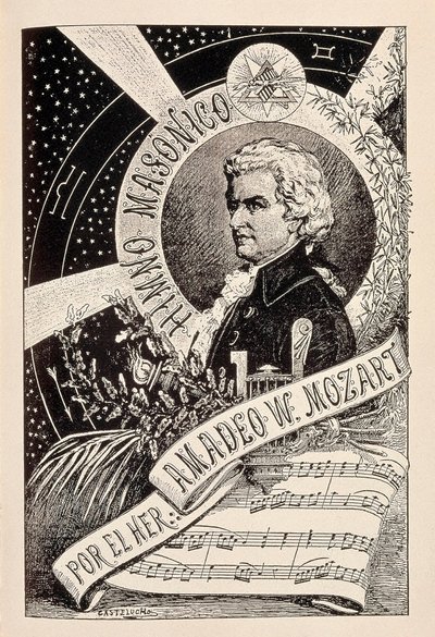 Representasjon av den østerrikske komponisten Wolfgang Amadeus Mozart (1756-1791), et frimurermedlem tilknyttet Encyclopedic Dictionary of Freemasonry, slutten av 1800-tallet - begynnelsen av 1900-tallet (gravering) av Claudio Castelucho