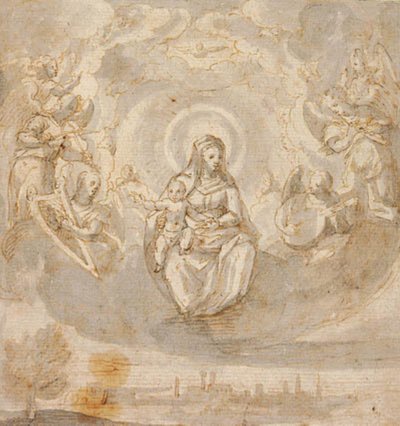 Jomfru Maria med Jesusbarnet, sittende på skyer omgitt av engler av Claudio Ridolfi