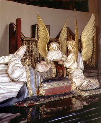 Detalj av bildet og to engler, fra graven til Filip den dristige, hertugen av Burgund (1342-1404), av Jean de Marville (d.1389), Claus Sluter (d.1405/6) og Claus de Werve (ca. .1380-1439), bestilt for klosteret Champmol av Claus and Marville Jean de Sluter