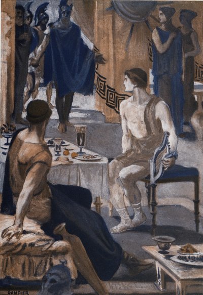 Akilles tar imot Agamemnons utsendinger. Illustrasjon av Clement Gontier (1876-1918) for Homeres «Iliaden» (Omero). Paris, Henri Laurens av Clement Gontier