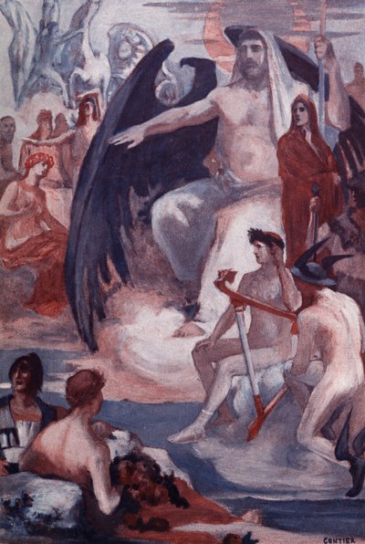 Jupiters forsvar for å redde trojanerne eller grekerne. Illustrasjon av Clement Gontier (1876-1918) for Homeres «Iliaden» (Omero). Paris, Henri Laurens av Clement Gontier