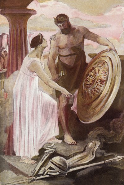 Akilles-skjoldet skapt av Vulcan. Illustrasjon av Clement Gontier (1876-1918) for Homeres «Iliaden» (Omero). Paris, Henri Laurens av Clement Gontier
