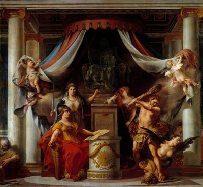 Allegori om revolusjonen: i sentrum gir Minerve Hercules hemmeligheten som avskaffer lastene til det gamle regimet Maleri av Clement Belle (1722-1806) 1794 Søn. 3,56x3,86 m av Clement Louis Marie Anne Belle