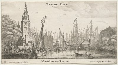 Ulike skip og utsikt over Amsterdam (Verscheÿde Schepen en Gesichten van Amstelredam), del II: Kanal nær Amsterdam og Monkeltårnet av Clement de Jonghe