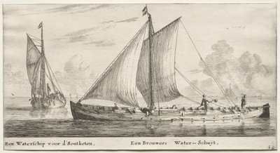 Ulike skip og utsikt over Amsterdam (Verscheÿde Schepen en Gesichten van Amstelredam), del II: Et vannskip på vei til Soutketen. Et bryggervannskip av Clement de Jonghe