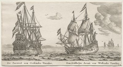 Ulike skip og utsikt over Amsterdam (Verscheÿde Schepen en Gesichten van Amstelredam), del II: Perlen og østindiamannen, dobbeltørnen, en vestindiamann av Clement de Jonghe