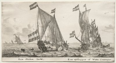 Ulike skip og utsikt over Amsterdam (Verscheÿde Schepen en Gesichten van Amstelredam), del II: Dutch Admiralty Yacht. Et vaktskip av Clement de Jonghe