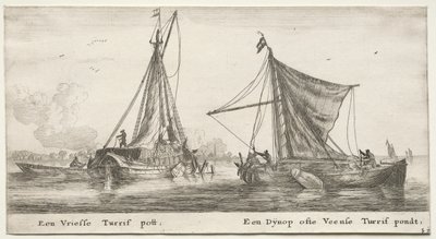 Ulike skip og utsikt over Amsterdam (Verscheÿde Schepen en Gesichten van Amstelredam), del II: En frisisk torvflåte. Dÿnop, nær Veensche torvdammen av Clement de Jonghe