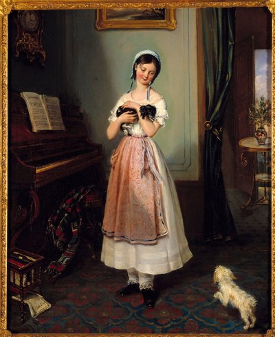 A young girl in a bourgeois interior with two dogs. Painting by Clementine de Bar (1807-1856) 19th century Paris, Galerie Garoche   1407361   no       norwegian Successfully Translated  Original: A Lake with Sailing Boats, c1864-1930 Translat: 
