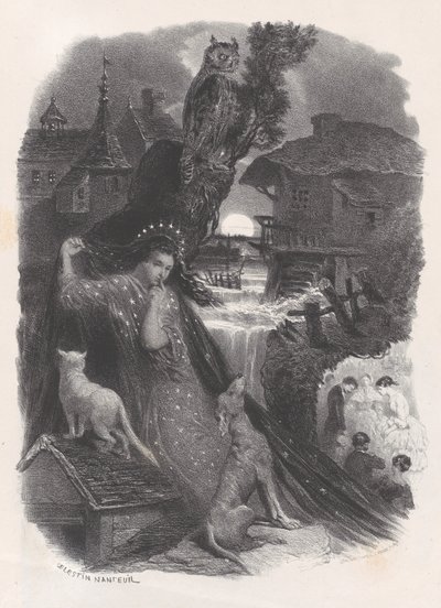 Natt, vignett av jente i 1700-tallskostyme som plukker roser på verso, ca. 1830-65. av Célestin Nanteuil