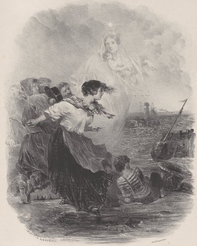 Kvinne ved havet med madonnaen, peker på et skip, ca. 1848-62. av Célestin Nanteuil