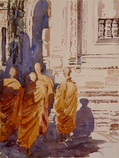 Bayon pm - munkene passegiata, 2000 (akvarell) av Clive Wilson