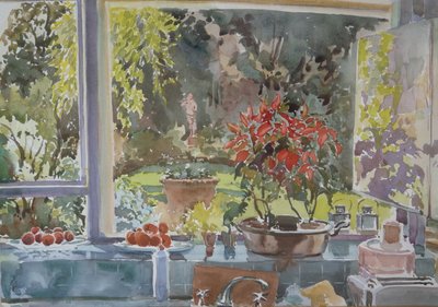 Fra kjøkkenvinduet, 2002 (akvarell) av Clive Wilson