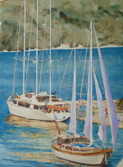 Store yachter - Korçula, 2010 (akvarell) av Clive Wilson
