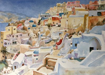 Santorini, Oia, 2018 (akvarell) av Clive Wilson