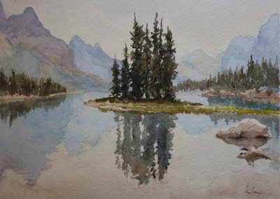 Spirit Island, Maligne Lake (1), 2016 (akvarell) av Clive Wilson