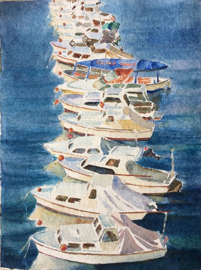 Solnedgang, Dubrovnik havn, 2011 (akvarell) av Clive Wilson