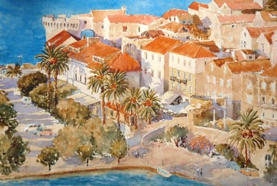 Solnedgang, Korçula havn, 2011 (akvarell) av Clive Wilson