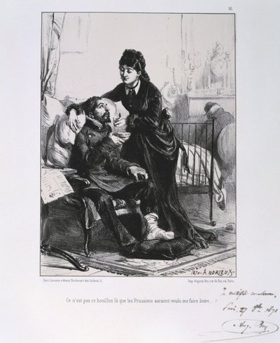 Fransk-prøyssisk krig 1870-1871: En såret soldat blir pleiet og næret. Fra en serie litografier av Clement August Andrieux på Gardes Nationales. av Clément Auguste Andrieux
